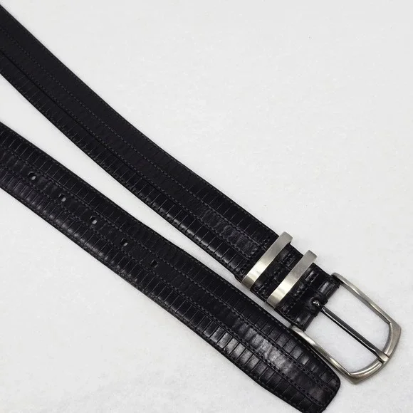 Mezlan Mens Belt Sz 48 Black Leather 8700/35 Brushed Silver Spain Big & Tall - Picture 8 of 16